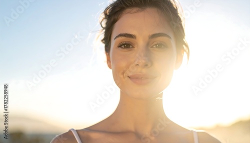 Wallpaper Mural Smiling young woman with fair skin, framed against a sun-drenched sky, radiates a natural, carefree beauty Torontodigital.ca