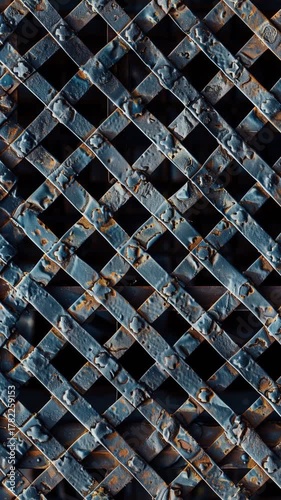 Seamless rusty metal lattice with peeling paint. Moving up pedestal. 9:16 reels Cinematic background loop.