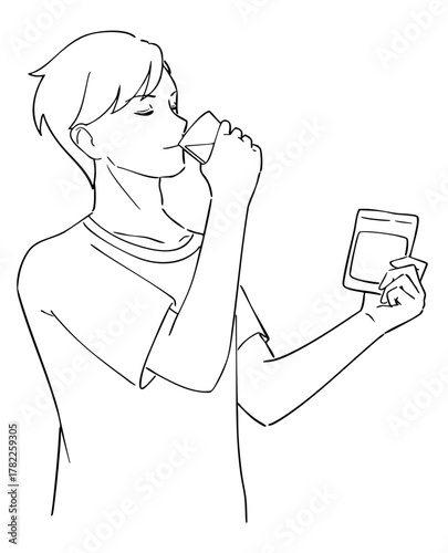サプリを飲む男性の白黒イラスト