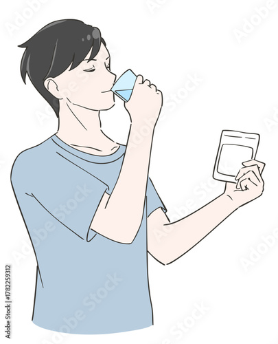 サプリを飲む男性のイラスト