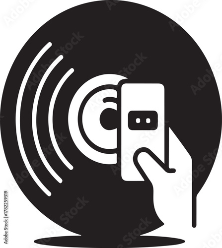 Hand holding device over vinyl record hand, device, vinyl, record, black, white, circle, music, technology, scan, audio, listening, digital, icon, symbol, art, graphic, design, illustration, retro, 