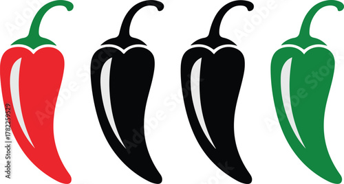 Four stylized peppers in different colors pepper, red, black, green, vegetable, food, spicy, hot, chili, illustration, design, art, graphic, isolated, white, background, plant, cooking, ingredient,