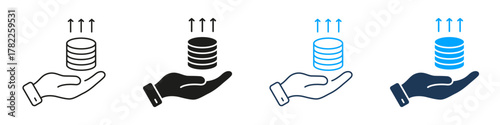 Hand Holding Coins With Upward Arrows Line And Solid Icon Set. Financial Growth, Investment, And Wealth Increase Symbol Collection. Economic Prosperity And Success. Isolated Vector Illustration