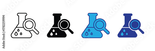 Four different icons of a laboratory flask with a magnifying glass, isolated on white background