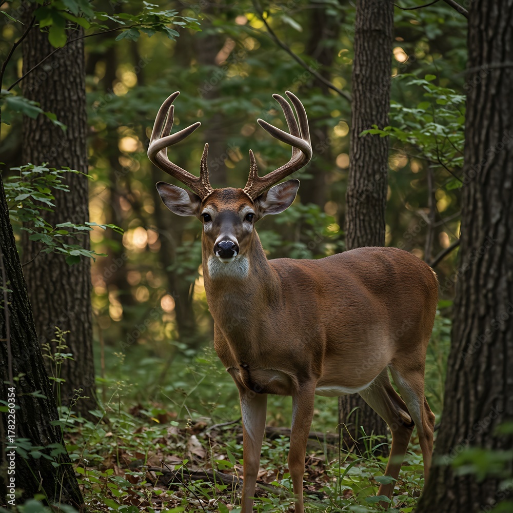 Obraz premium Majestic Buck Deer Standing Proudly in a Lush Green Forest.