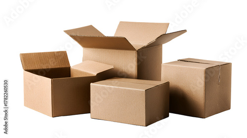 A group of cardboard boxes of various sizes on a transparent background isolated on transparent background