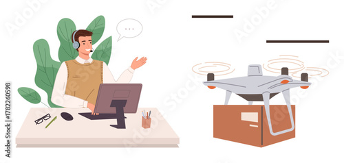 Man working at desk with headset, connecting with client, next to autonomous delivery quadcopter lowering a package. Ideal for communication, logistics, technology, e-commerce, remote support