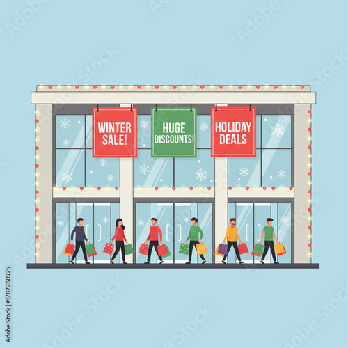 Big Shopping Mall Exterior Decorated for Winter Holiday Sale with Shoppers and Discount Posters in Flat Vector Illustration with Single Background