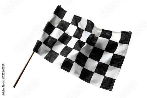 Waving checkered flag with black and white squares isolated on transparent background