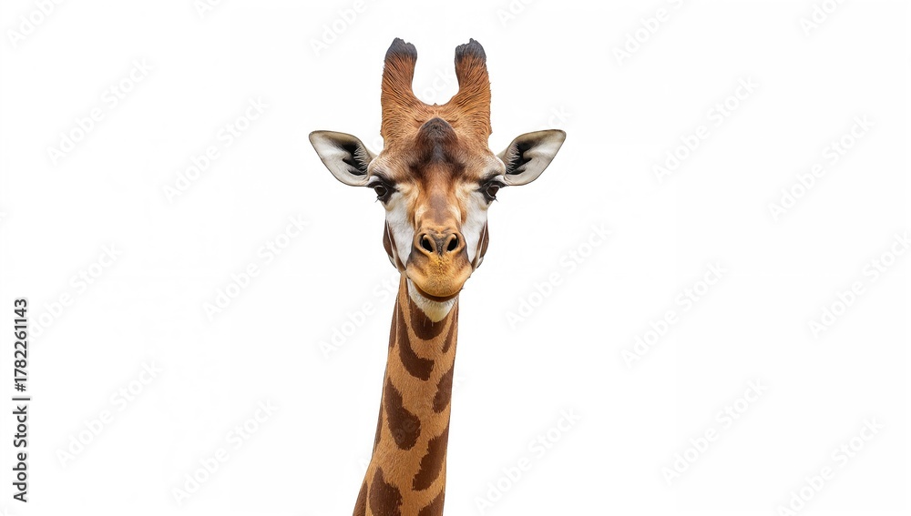 Naklejka premium Giraffe standing tall against a white background, symbolizing wildlife preservation
