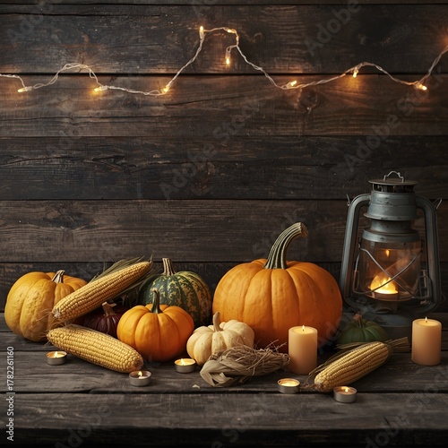 Thanksgiving - Pumpkins On Rustic Table With Candles And String Lights