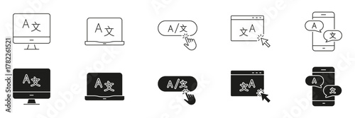 Language Translation Interface Line And Solid Icon Set. Multilingual Communication And Translation Tools Symbol Collection. Computer, Mobile, And Web Application. Isolated Vector Illustration