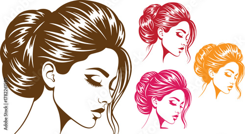 Elegant woman portrait in retro pixel art style with colorful variations artful