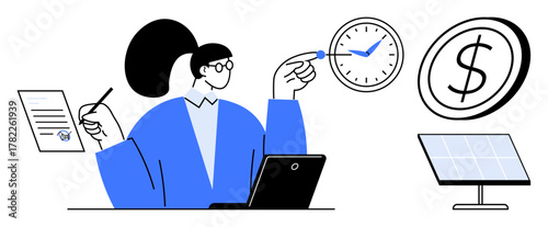 Woman multitasking at her desk with laptop, signing a contract, pointing to a clock, observing solar panel and financial signs. Ideal for time management, productivity, business, renewable energy