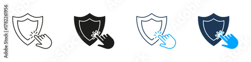 Shield With Hand Click Line And Solid Icon Set. Cybersecurity, Protection, And User Interaction Symbol Collection. Digital Safety And Online Security. Isolated Vector Illustration