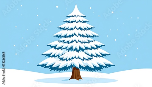 Snow-covered evergreen tree in winter scenery against a pale blue background with falling snow