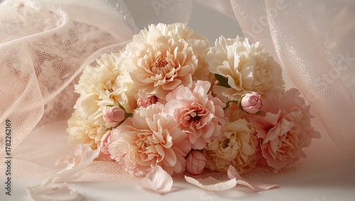 A cluster of carnation flowers wrapped in tulle, ideal for decorative arrangements