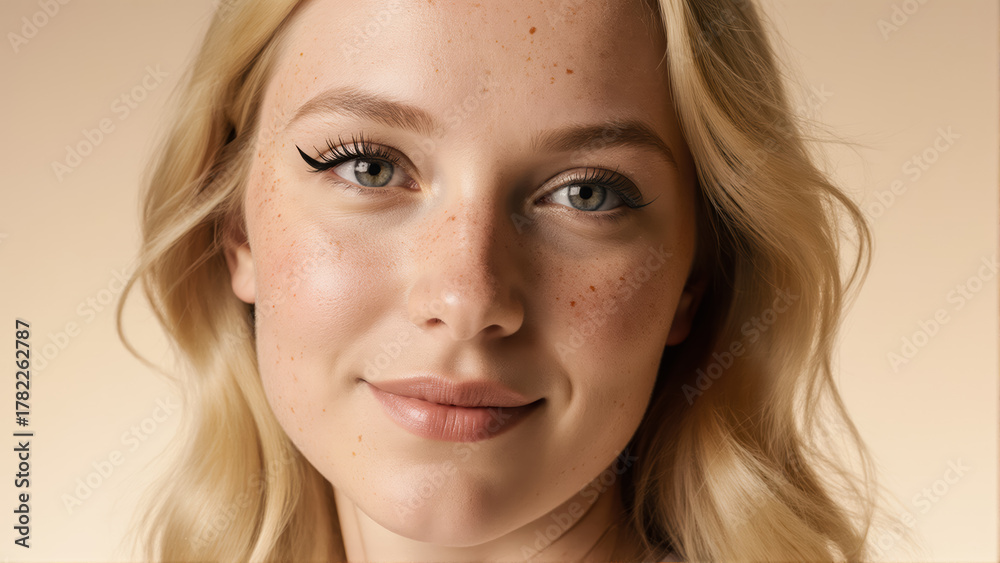 Fototapeta premium This ultra-detailed portrait shows a young woman with a sensual expression and minimal makeup, highlighting her natural beauty.