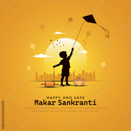 Makar Sankranti Poster design with child flying kite and cityscape. Makar Sankranti is a Hindu harvest festival celebrated across India.  Vector illustration.
