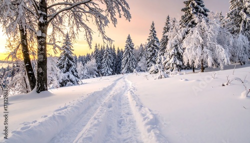 Snowy path meanders through frosted trees, leading to a bright horizon in a winter landscape, sun glowing