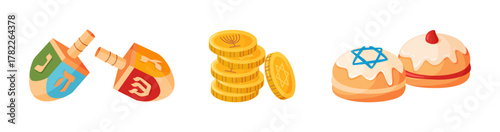 Colorful Hanukkah set with dreidels, gold coins, and traditional sufganiyot donuts. Flat vector illustration perfect for holiday cards, stickers, posters, web, or festive decorations. 