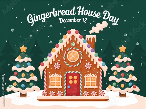 Festive gingerbread house and snowy christmas trees celebrate gingerbread house day on december 12