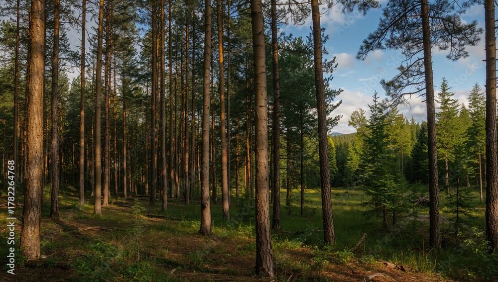 Obraz premium Inside a coniferous forest during spring, exploring seasonal change