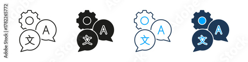Translation Settings Line And Solid Icon Set. Speech Bubbles And Gear Symbol Collection For Language Configuration, System Localization, Multilingual Content Management. Isolated Vector Illustration