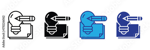 Set of four icons representing idea generation, creativity, and innovation, with a lightbulb, pencil, and paper