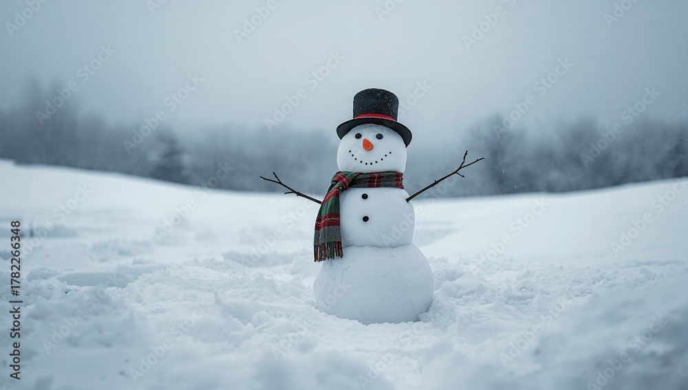 Obraz premium Cheerful snowman in a snowy scene, evoking holiday spirit