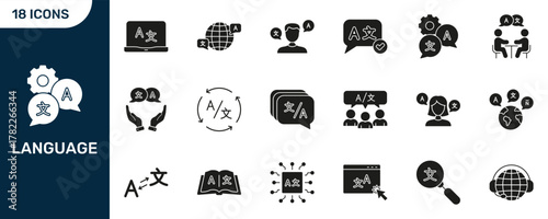 Language Translation And Global Communication Silhouette Icon Set. Multilingual Interaction, And Language Learning Collection. Translation Tools And Services. Isolated Vector Illustration