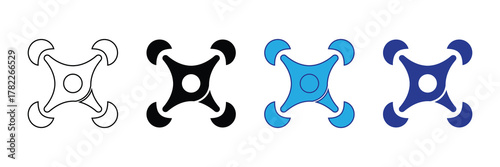 Set of four drone icons in different styles outline, black, blue, and dark blue, isolated on white background