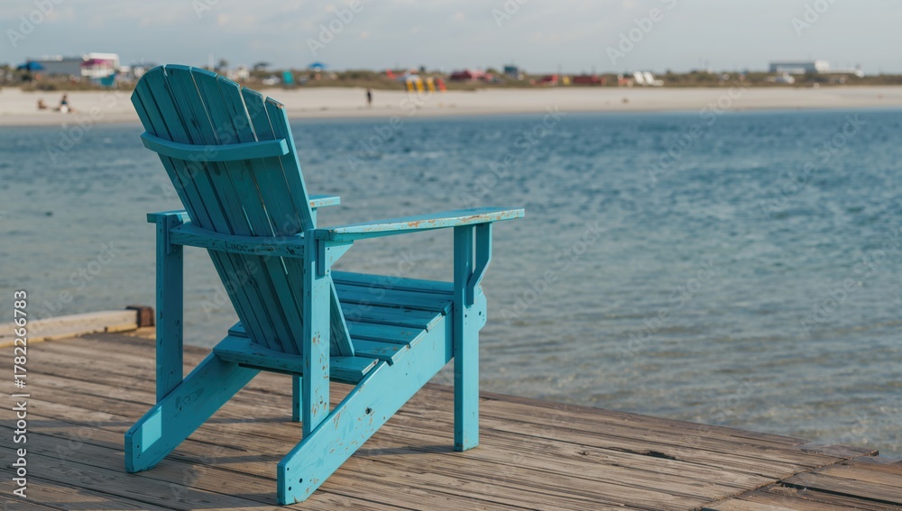 Fototapeta premium A blue Adirondack chair placed on a dock overlooking the water, ideal for relaxation by the lake