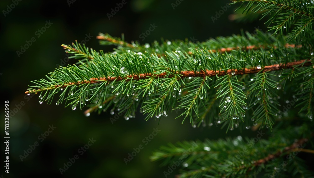 Fototapeta premium Spruce Tree Glistening With Raindrops, Highlighting Natural Beauty and Humidity