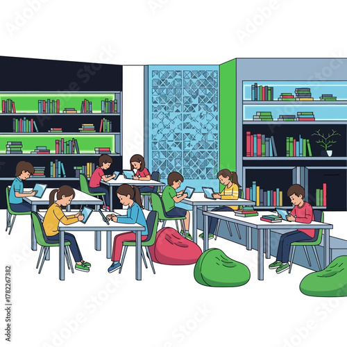 Students utilizing tablets in a modern library setting, surrounded by books and learning environments