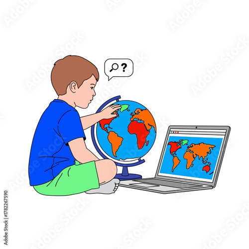 Curious young student explores the world, combining a physical globe with a digital map on a laptop for an engaging geography learning experience, fostering global awareness and discovery
