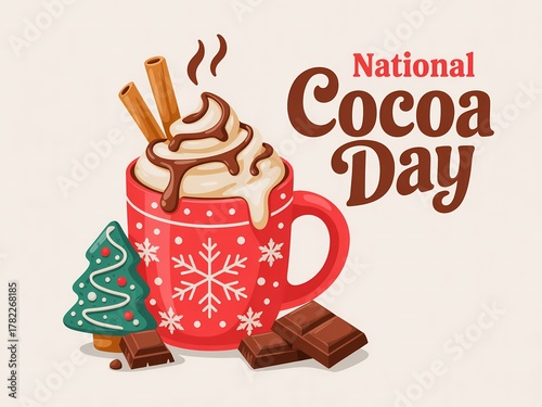 Festive red mug filled with hot chocolate to celebrate national cocoa day with chocolate bars