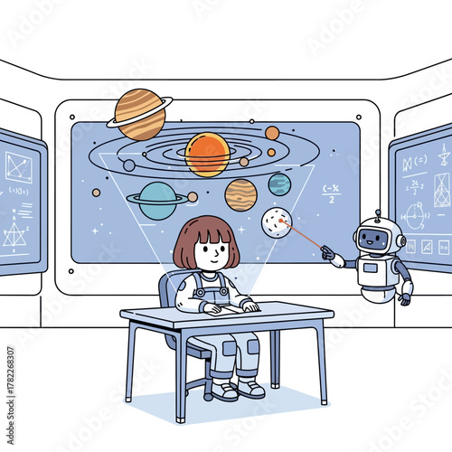 Futuristic education concept with an AI robot teaching a child astronaut about the solar system and planets in a spaceship classroom