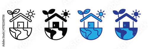 Ecofriendly house icon on planet earth with sun and plant, representing sustainability and green living