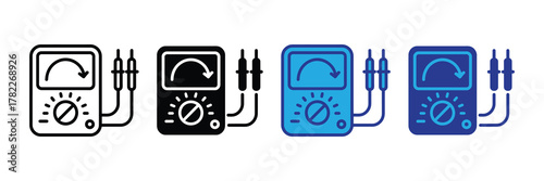 Set of four multimeter icons with different styles and colors, isolated on white background