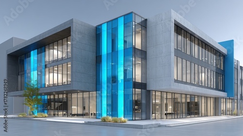Modern minimalist office building with glass facade and blue accent panels under clear sky