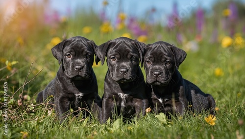 Cane Corso puppies playing outside, focus on joy and activity