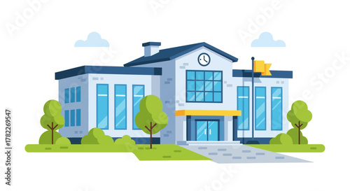 Modern flat design illustration of a vibrant school building with a clock, flag, and green trees, representing education and learning for students