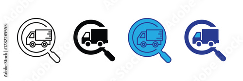 Magnifying glass over a delivery truck icon, representing logistics search and tracking services
