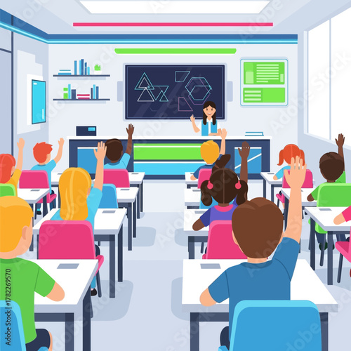 Classroom Learning Students Eagerly Raising Hands in an Interactive Lesson with a Teacher