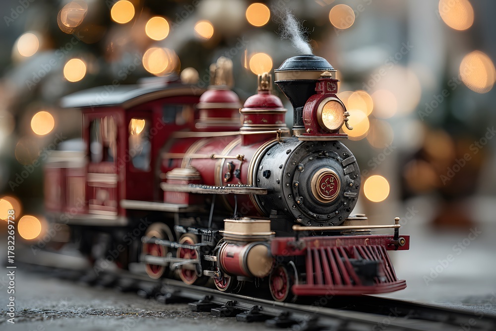 Fototapeta premium Charming, vintage-style red toy train on a track before a beautifully decorated Christmas tree, its lights blurred into a warm, festive bokeh.