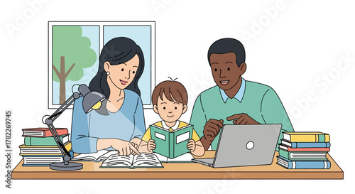 Diverse family learning together at a wooden desk with books and a laptop, promoting education and unity