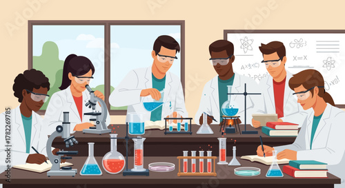A Diverse Group of Scientists Conducting Experiments in a Modern Laboratory Setting