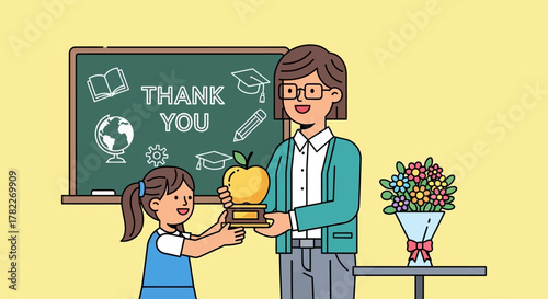 Schoolgirl expressing gratitude and giving a golden apple trophy to her beloved teacher in class