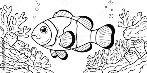 Clownfish swimming in an underwater coral reef scene, black and white outline drawing for coloring.